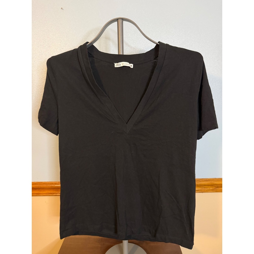 Zara Womens Black Deep V-Neck Short Sleeve Basic T-Shirt Size Small